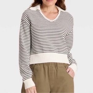 Universal Thread Black White Striped Collared V-Neck Sweater Size M Preppy